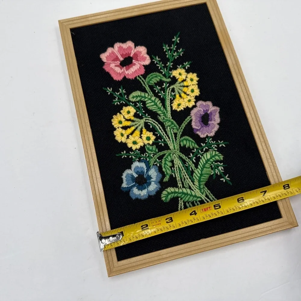 Vtg Flower Embroidered Picture Poppy Wall Art Framed Hand Made Cottagecore Boho